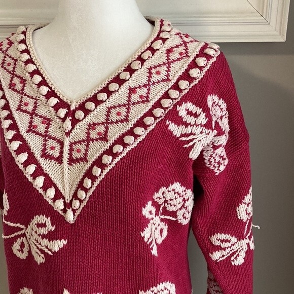 Vintage Cie International Magenta Pink Beaded Floral Hand-Knitted Sweater XS - Picture 4 of 14